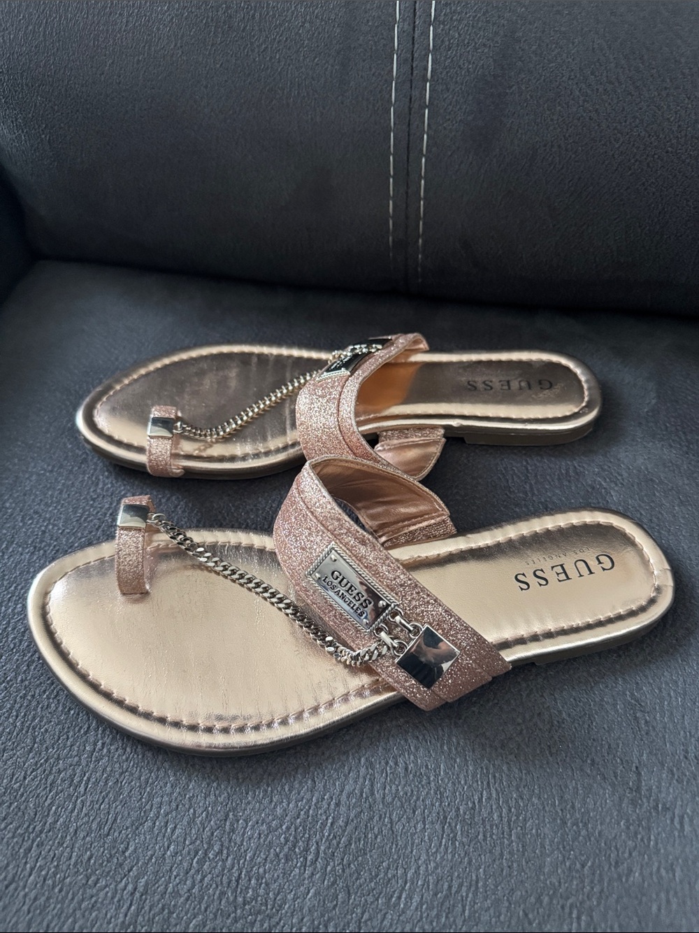 GUESS Rose Gold Glitter Chain Toe-Loop Slide Sandals